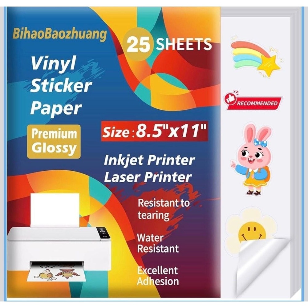 BihaoBaozhuang 25 Sheets Premium Glossy Printable Vinyl Sticker Paper for Inkjet